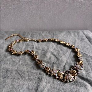 Vintage Coro Gold-Tone Floral Crystal Necklace - Prom Jewelry, Wedding Jewelry